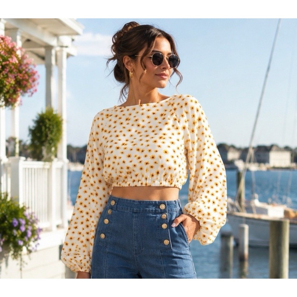 Romantic Crop Top Size L Ivory Floral Satin Balloon Sleeve Cottage Feminine